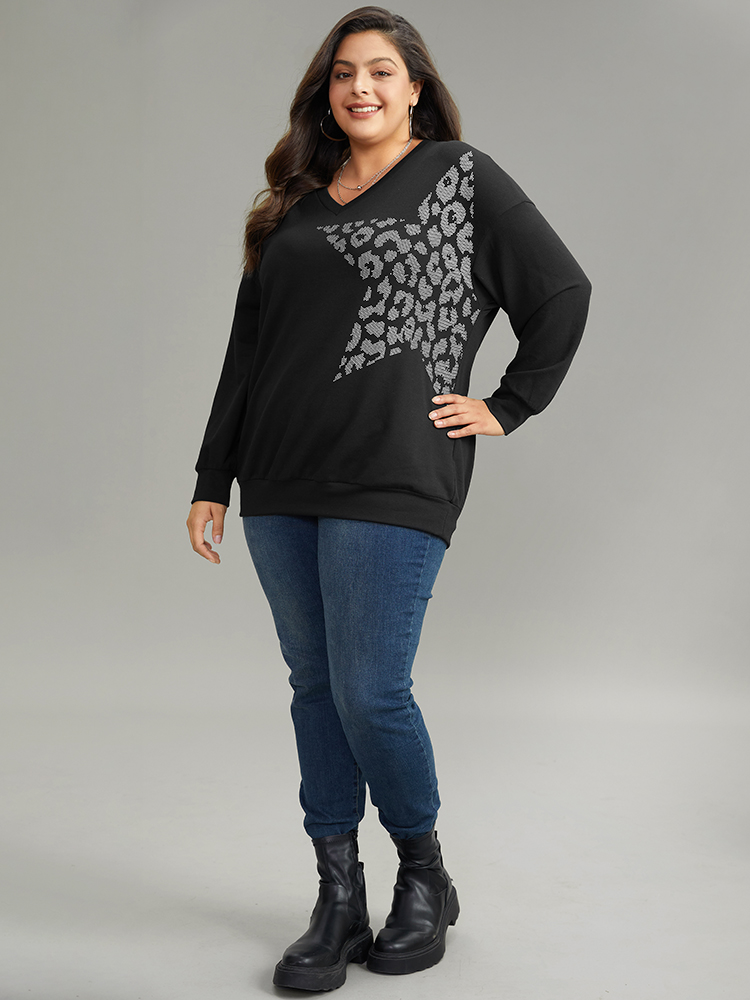 Plus Size Women Dailywear Star and moon Printed Regular Regular Sleeve Long Sleeve V-neck Casual Sweatshirts BloomChic 