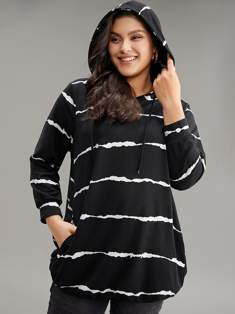 Plus Size Women Dailywear Striped Printed Regular Regular Sleeve Long Sleeve Hooded Pocket Casual Sweatshirts BloomChic 