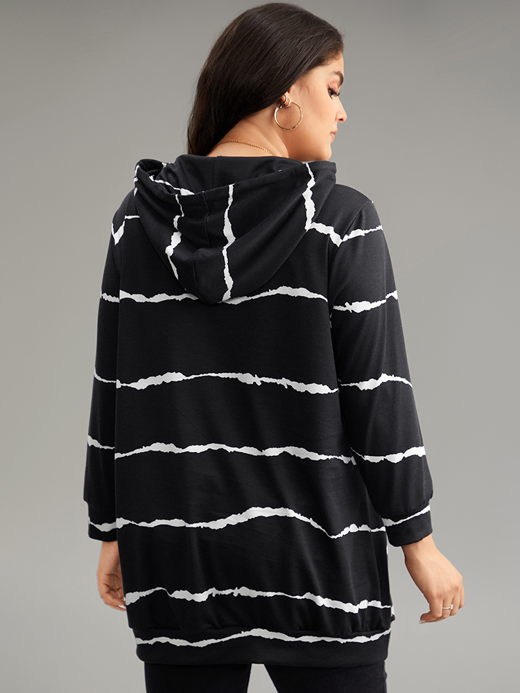Plus Size Women Dailywear Striped Printed Regular Regular Sleeve Long Sleeve Hooded Pocket Casual Sweatshirts BloomChic 