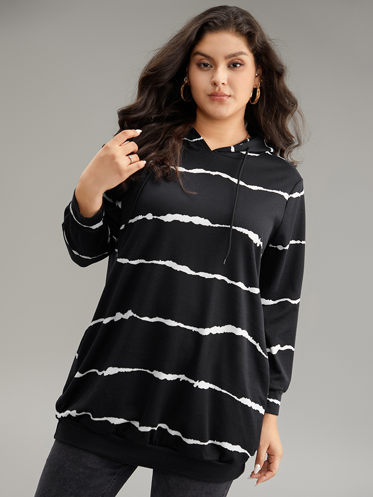 Plus Size Women Dailywear Striped Printed Regular Regular Sleeve Long Sleeve Hooded Pocket Casual Sweatshirts BloomChic 