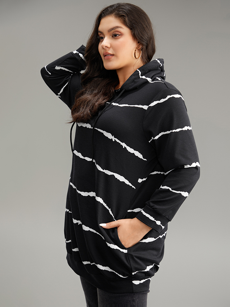 Plus Size Women Dailywear Striped Printed Regular Regular Sleeve Long Sleeve Hooded Pocket Casual Sweatshirts BloomChic 