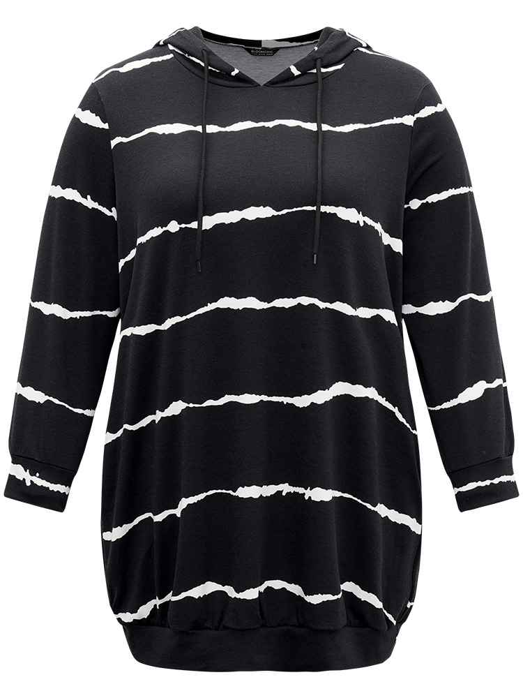 

Plus Size Striped Pocket Hooded Drawstring Sweatshirt Women Black Casual Printed Hooded Dailywear Sweatshirts BloomChic