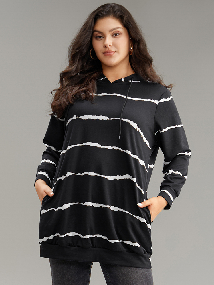 Plus Size Women Dailywear Striped Printed Regular Regular Sleeve Long Sleeve Hooded Pocket Casual Sweatshirts BloomChic 