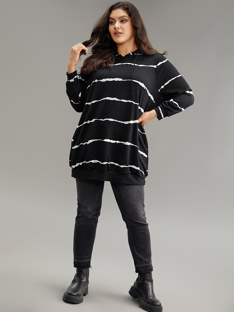 Plus Size Women Dailywear Striped Printed Regular Regular Sleeve Long Sleeve Hooded Pocket Casual Sweatshirts BloomChic 