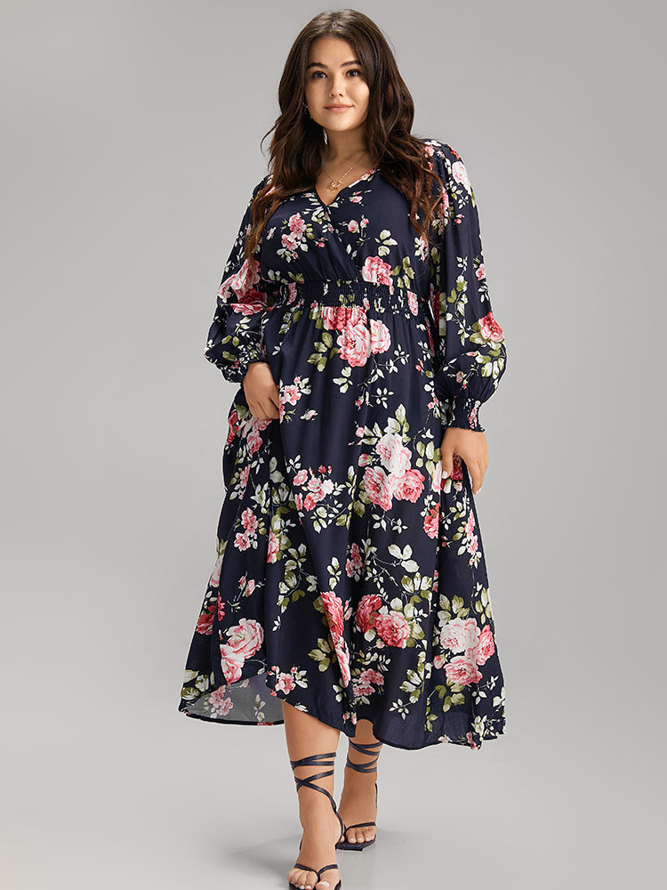 

Plus Size Supersoft Essentials Floral Pocket Shirred Dress DarkBlue Women Elegant Wrap Overlap Collar Long Sleeve Curvy Midi Dress BloomChic