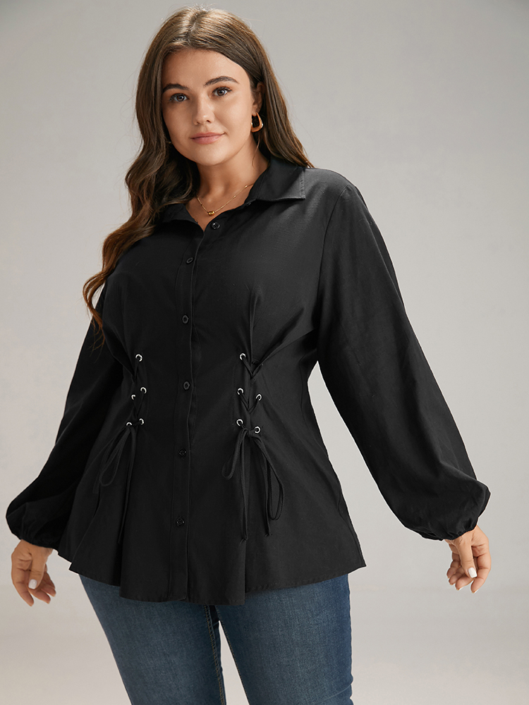 

Plus Size Black Cotton Shirt Collar Lace Up Blouse Women Office Long Sleeve Shirt collar Work Blouses BloomChic