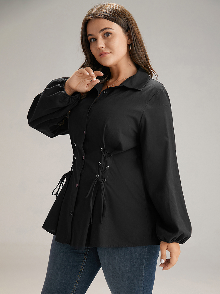 Plus Size Black Cotton Shirt Collar Lace Up Blouse Women Office Long Sleeve Shirt collar Work Blouses BloomChic 28/5X 