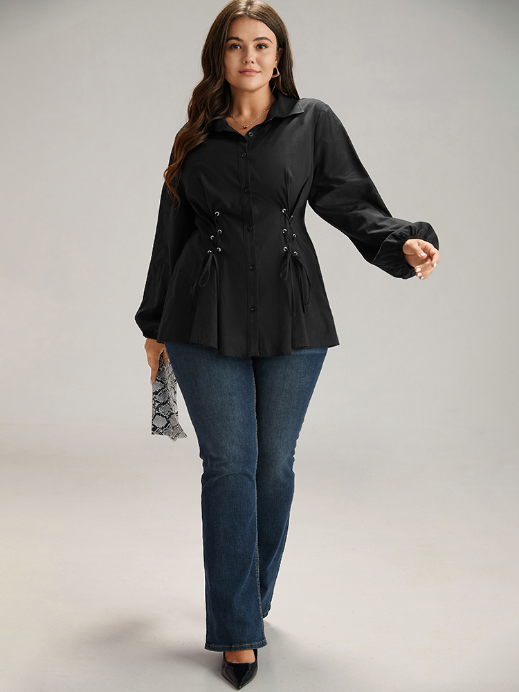 Plus Size Black Cotton Shirt Collar Lace Up Blouse Women Office Long Sleeve Shirt collar Work Blouses BloomChic 28/5X 