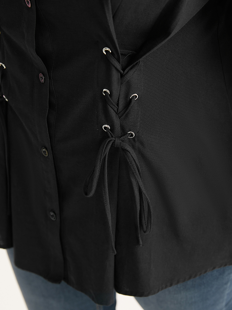 Plus Size Black Cotton Shirt Collar Lace Up Blouse Women Office Long Sleeve Shirt collar Work Blouses BloomChic 28/5X 