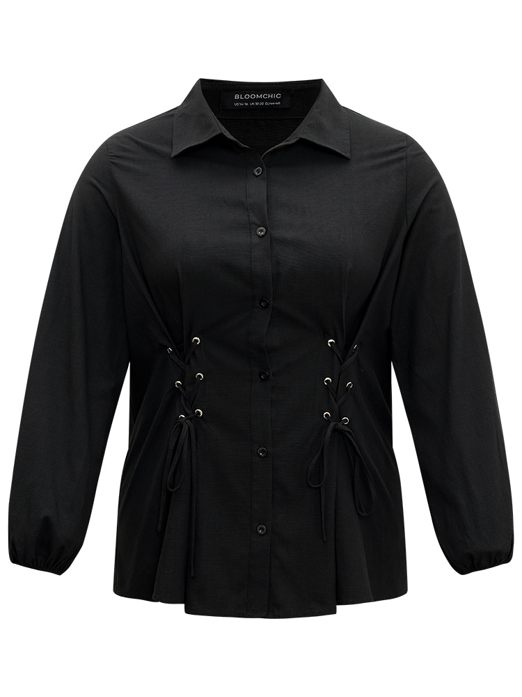 Plus Size Black Cotton Shirt Collar Lace Up Blouse Women Office Long Sleeve Shirt collar Work Blouses BloomChic 28/5X 