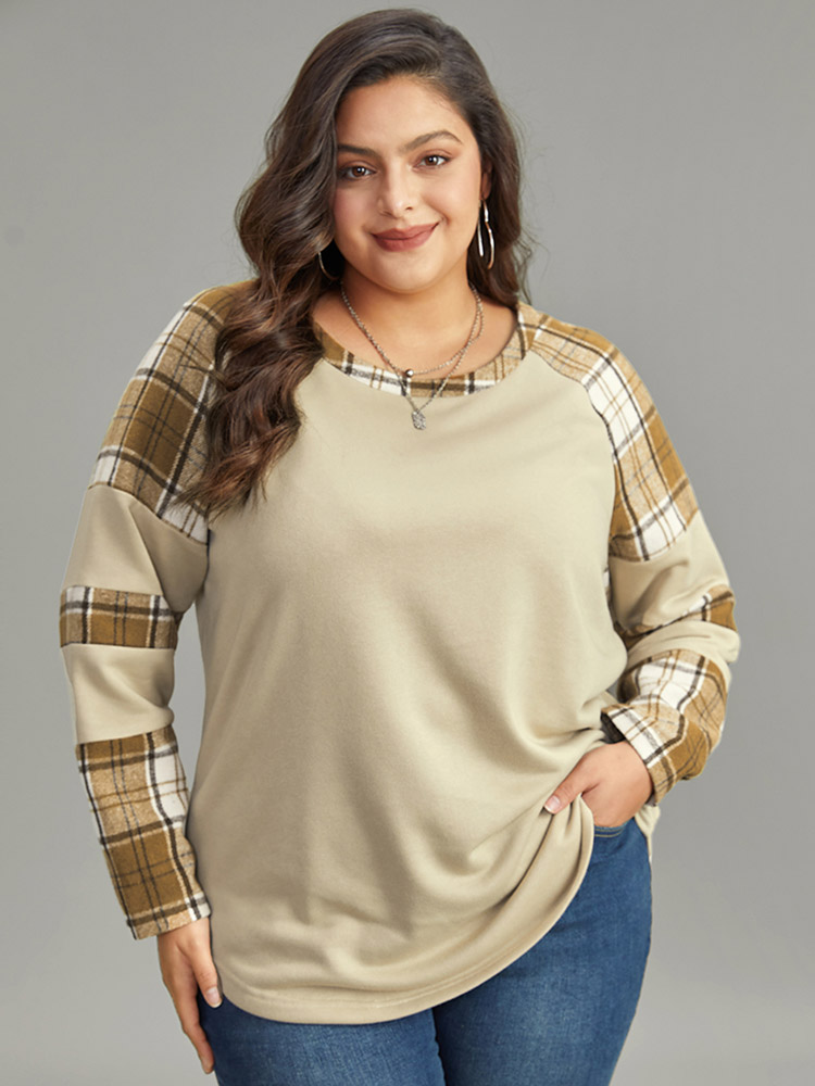 

Plus Size Plaid Patchwork Raglan Sleeve Sweatshirt Women Champagne Casual Thick Round Neck Dailywear Sweatshirts BloomChic