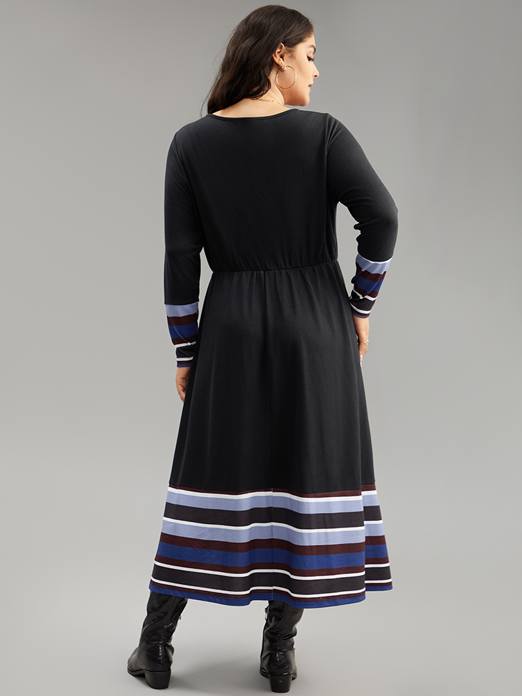 Plus Size Striped Patchwork Contrast Crew Neck Dress Black Women Casual Contrast Round Neck Long Sleeve Curvy Midi Dress BloomChic 28/5X 