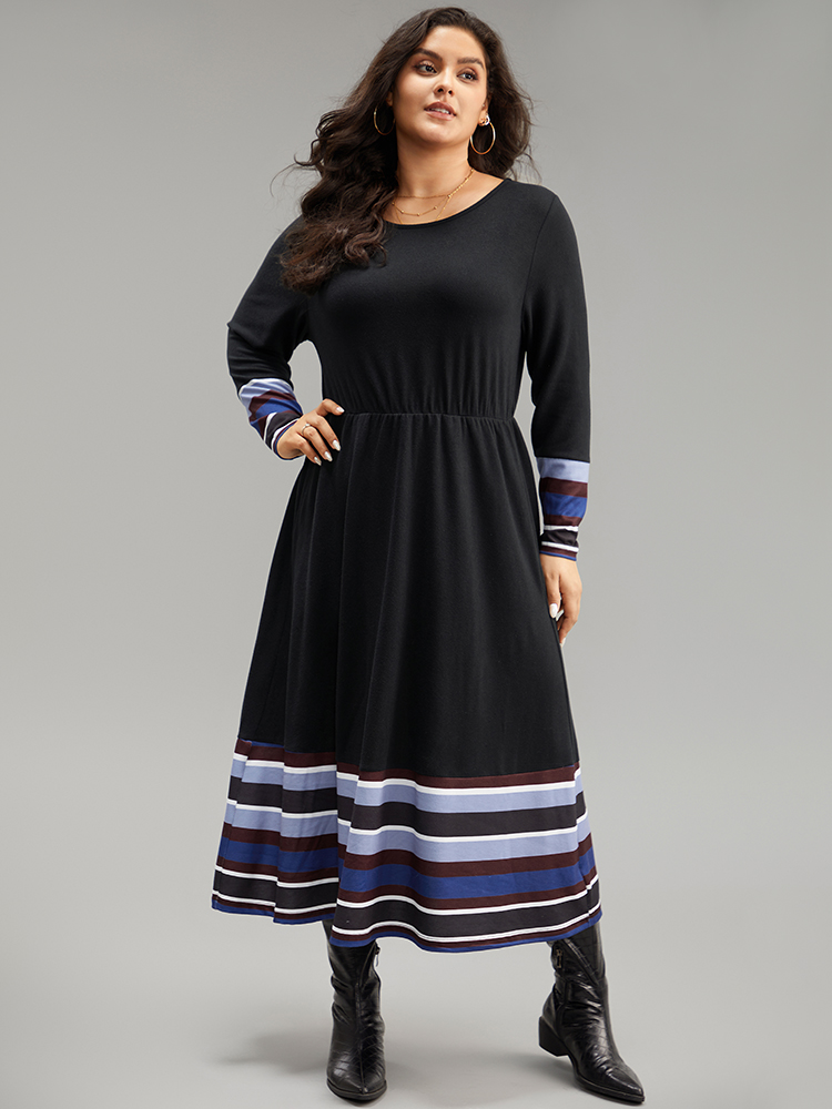 Plus Size Striped Patchwork Contrast Crew Neck Dress Black Women Casual Contrast Round Neck Long Sleeve Curvy Midi Dress BloomChic 28/5X 