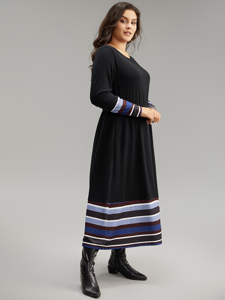 Plus Size Striped Patchwork Contrast Crew Neck Dress Black Women Casual Contrast Round Neck Long Sleeve Curvy Midi Dress BloomChic 28/5X 