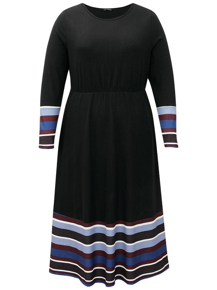 Plus Size Striped Patchwork Contrast Crew Neck Dress Black Women Casual Contrast Round Neck Long Sleeve Curvy Midi Dress BloomChic 28/5X 