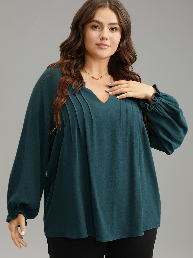 

Plus Size Cyan Plain Raglan Sleeve Plicated Detail Blouse Women Office Long Sleeve V-neck Work Blouses BloomChic