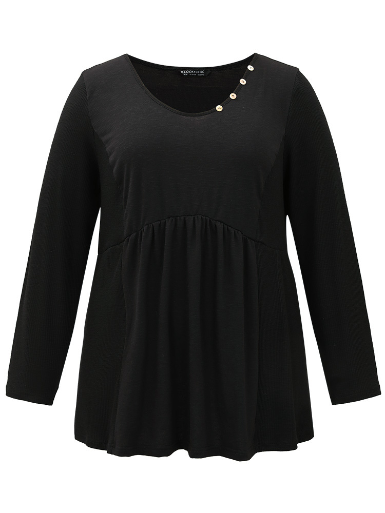 

Plus Size Plain Ruffles Button Detail T-shirt Black Round Neck Long Sleeve Elegant Jersey Tops