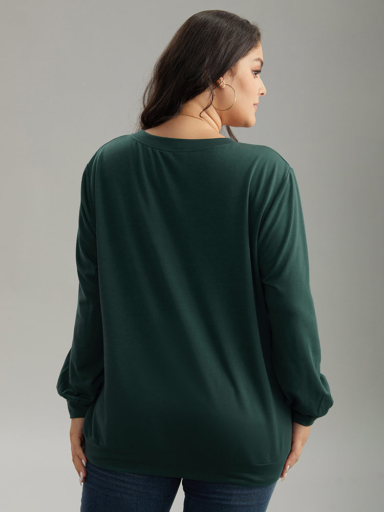 Plus Size Floral Print Round Neck Sweatshirt Women DarkGreen Casual Printed Dailywear Sweatshirts BloomChic 12/L 