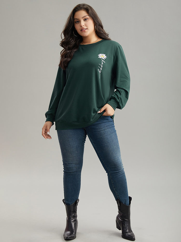 Plus Size Floral Print Round Neck Sweatshirt Women DarkGreen Casual Printed Dailywear Sweatshirts BloomChic 12/L 