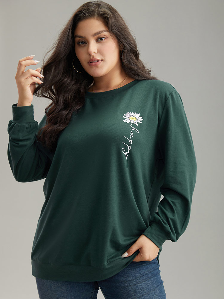 Plus Size Floral Print Round Neck Sweatshirt Women DarkGreen Casual Printed Dailywear Sweatshirts BloomChic 12/L 