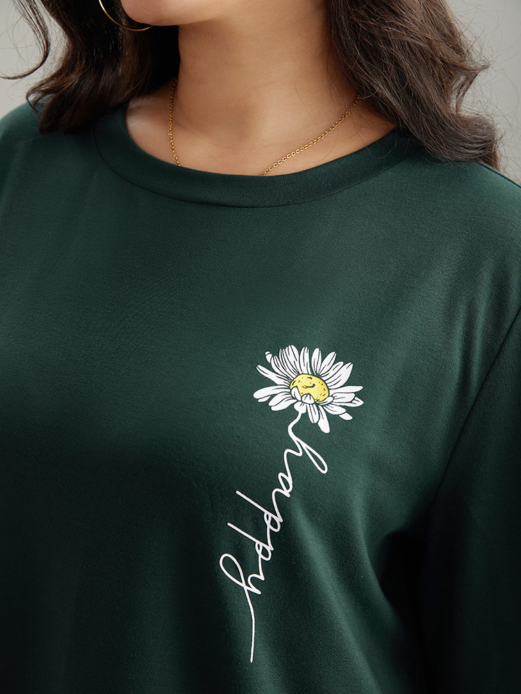 Plus Size Floral Print Round Neck Sweatshirt Women DarkGreen Casual Printed Dailywear Sweatshirts BloomChic 12/L 