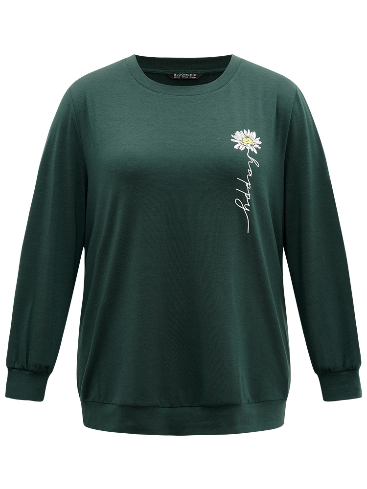 Plus Size Floral Print Round Neck Sweatshirt Women DarkGreen Casual Printed Dailywear Sweatshirts BloomChic 12/L 