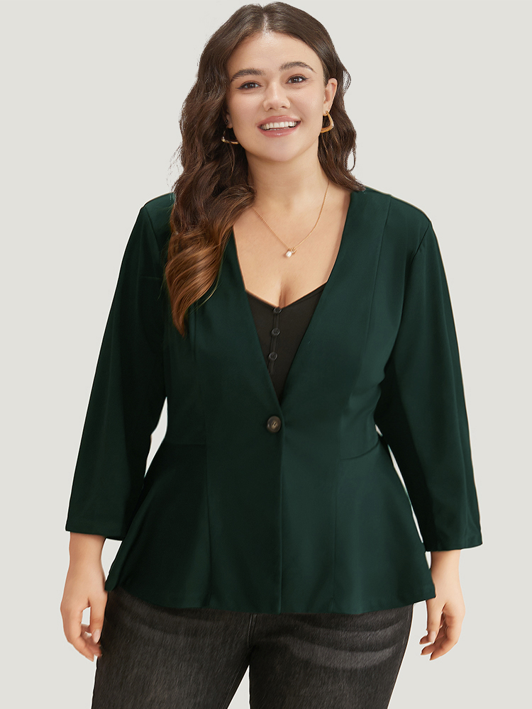 

Plus Size Plain Button Up Ruffle Hem Blazer Green Women Dailywear Plain Plain Sleeve Long Sleeve V-neck  Casual Blazers BloomChic