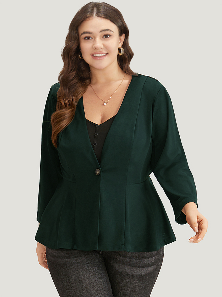 

Plus Size Anti-Wrinkle Plain Button Up Ruffle Hem Blazer Green Women Dailywear Plain Plain Sleeve Long Sleeve V-neck  Casual Blazers BloomChic