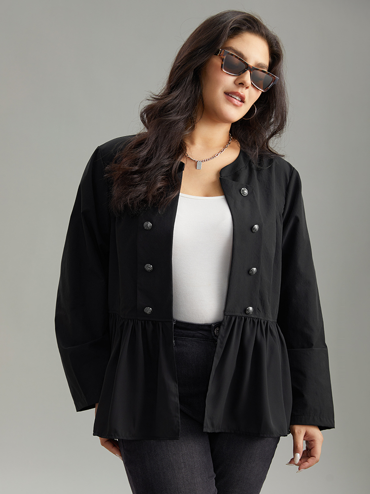 

Plus Size Solid Buckle Detail Ruffles Patchwork Jacket Women Black Casual Plain Ladies Dailywear Winter Coats BloomChic