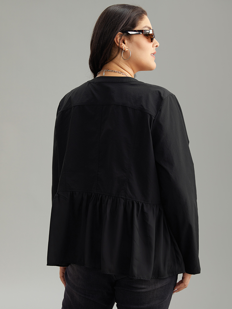 Plus Size Solid Buckle Detail Ruffles Patchwork Jacket Women Black Casual Plain Ladies Dailywear Winter Coats BloomChic 14-16/1X 