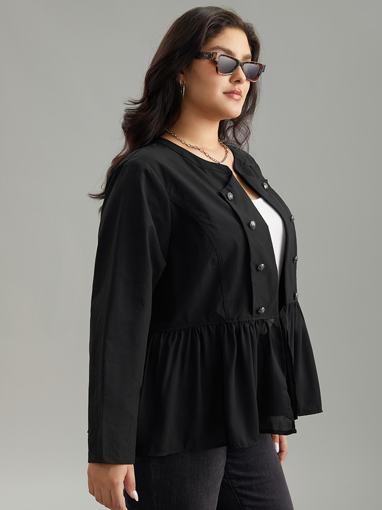 Plus Size Solid Buckle Detail Ruffles Patchwork Jacket Women Black Casual Plain Ladies Dailywear Winter Coats BloomChic 14-16/1X 