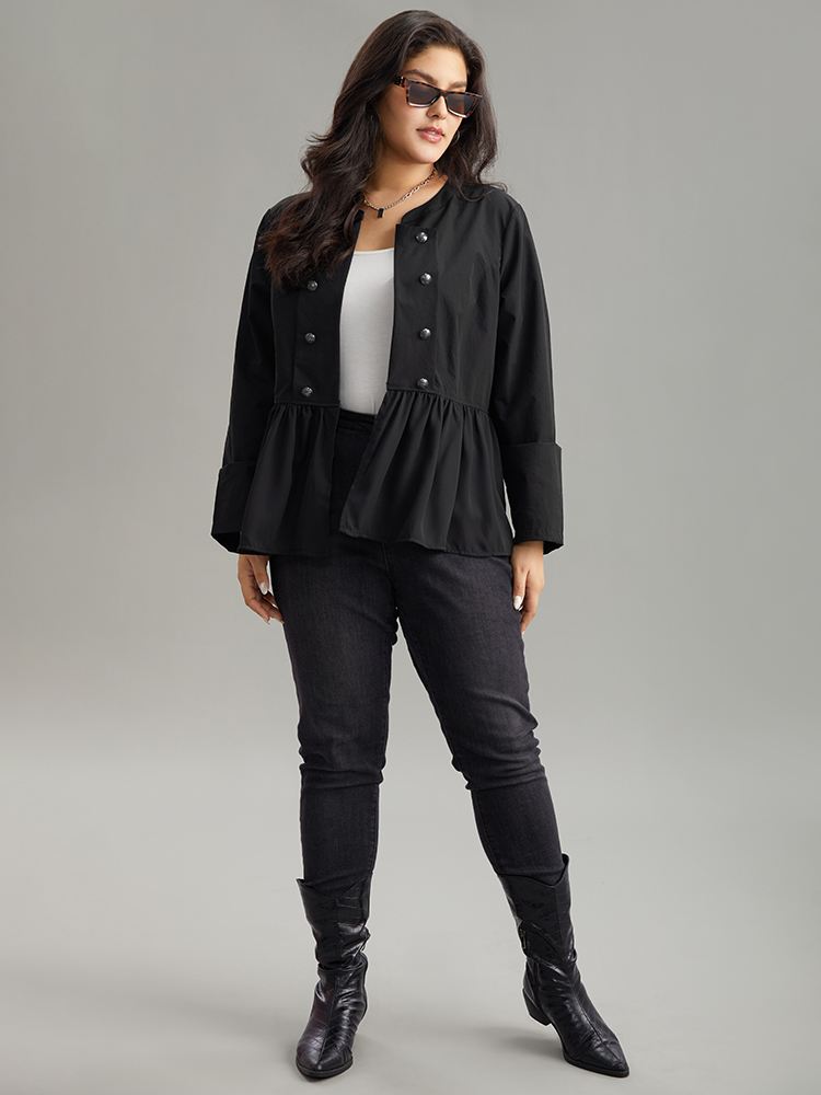 Plus Size Solid Buckle Detail Ruffles Patchwork Jacket Women Black Casual Plain Ladies Dailywear Winter Coats BloomChic 14-16/1X 