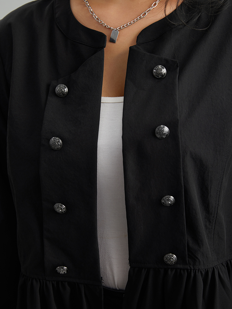 Plus Size Solid Buckle Detail Ruffles Patchwork Jacket Women Black Casual Plain Ladies Dailywear Winter Coats BloomChic 14-16/1X 