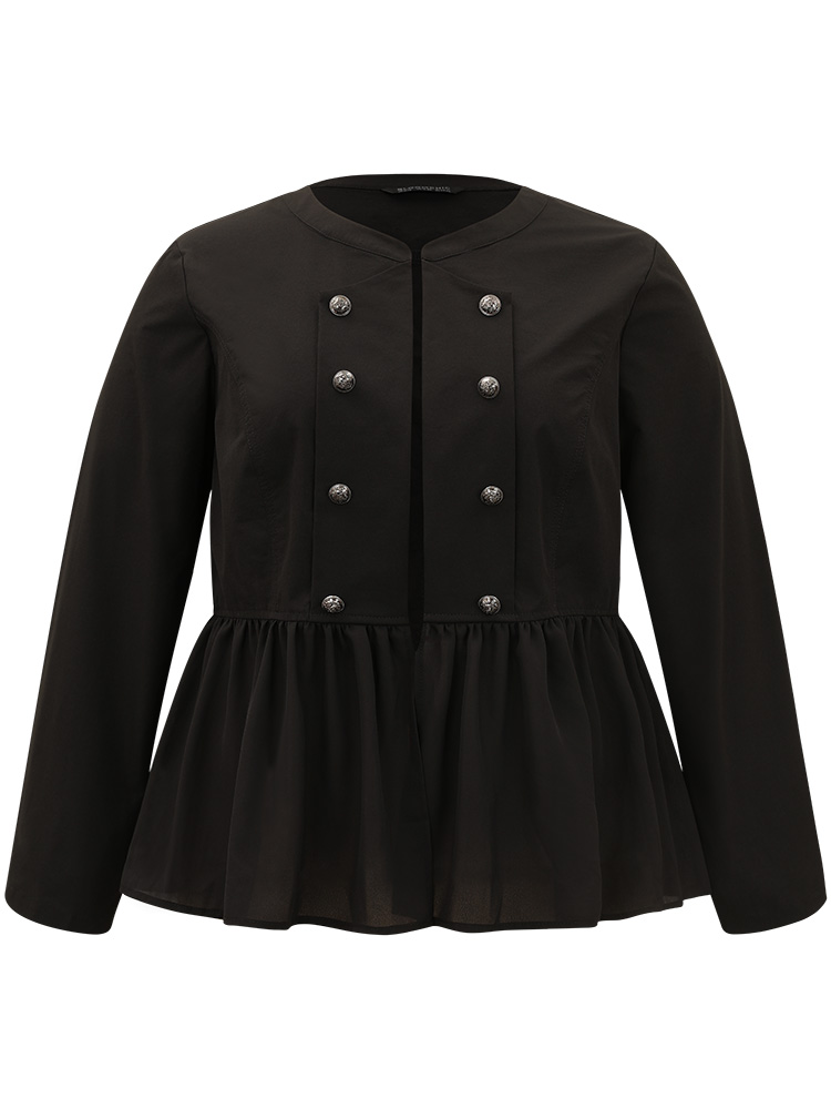 Plus Size Solid Buckle Detail Ruffles Patchwork Jacket Women Black Casual Plain Ladies Dailywear Winter Coats BloomChic 14-16/1X 
