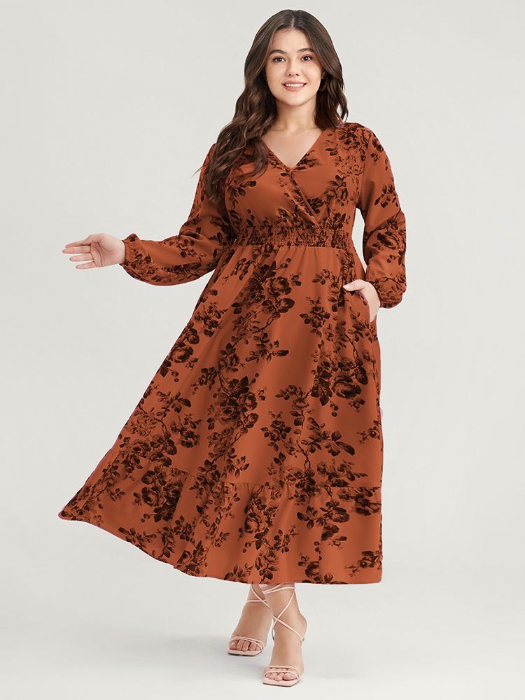 

Plus Size Floral Wrap Lantern Sleeve Pocket Shirred Ruffle Hem Dress Chocolate Women Elegant Pocket V-neck Long Sleeve Curvy Midi Dress BloomChic