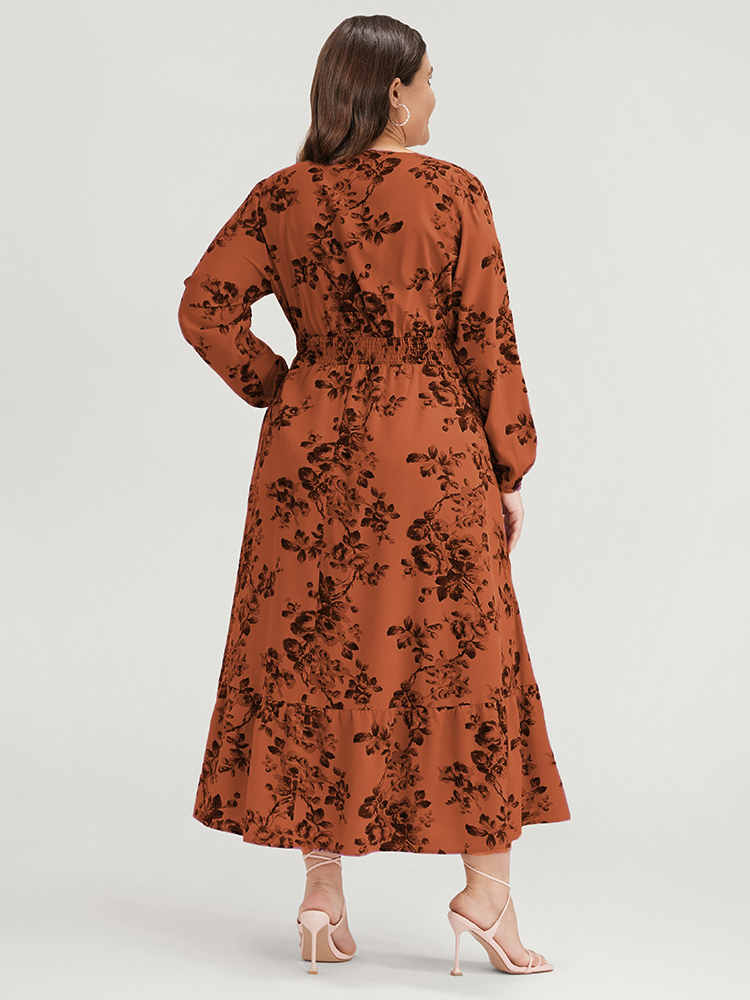 

Plus Size Floral Wrap Lantern Sleeve Pocket Shirred Ruffle Hem Dress Chocolate Women Elegant Pocket V-neck Long Sleeve Curvy Midi Dress BloomChic