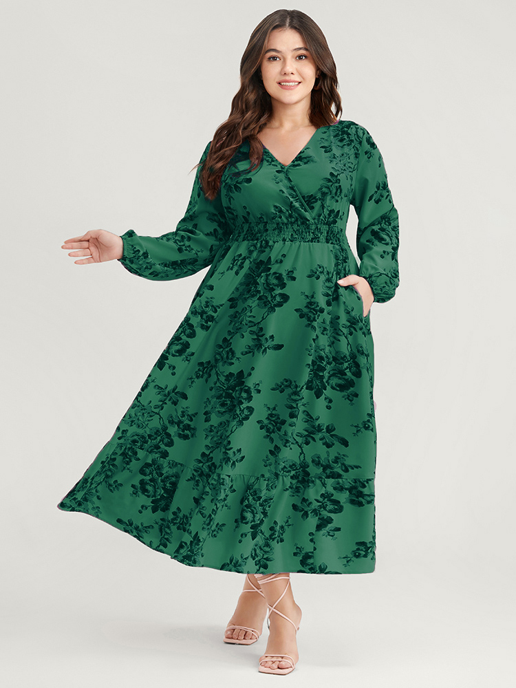 

Plus Size Floral Wrap Lantern Sleeve Pocket Shirred Ruffle Hem Dress Emerald Women Elegant Pocket V-neck Long Sleeve Curvy Midi Dress BloomChic