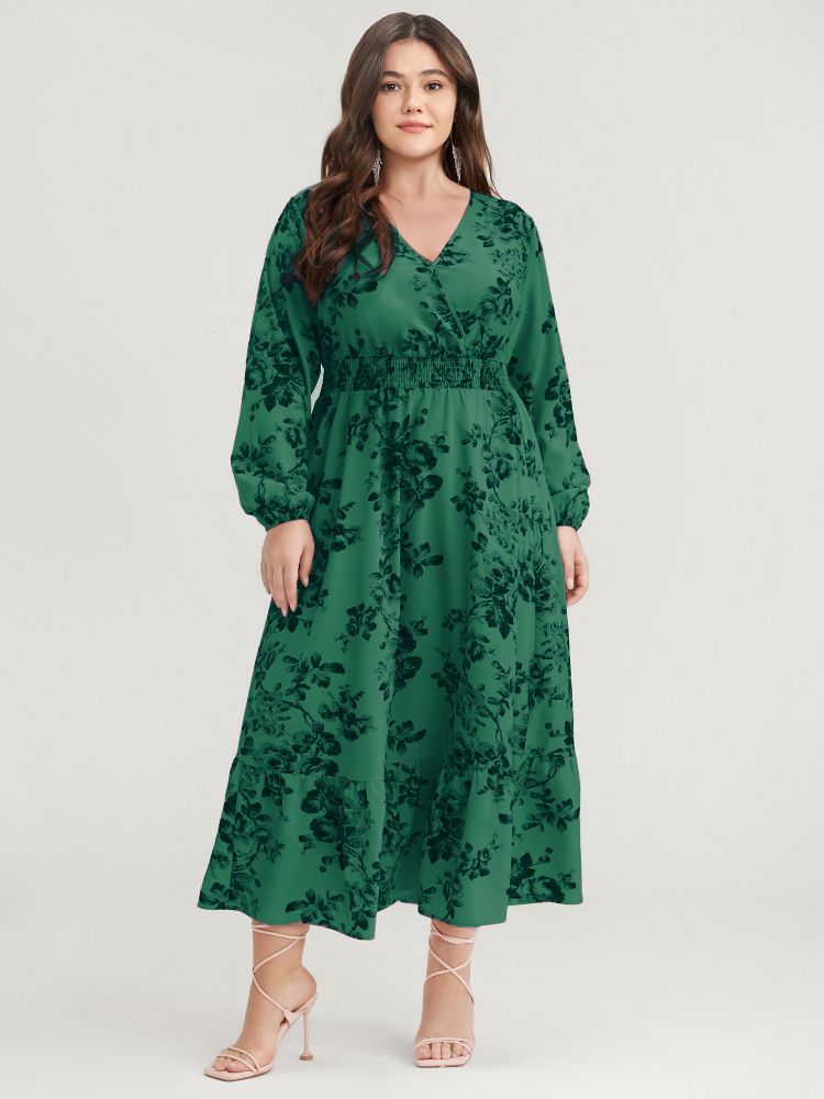 

Plus Size Floral Wrap Lantern Sleeve Pocket Shirred Ruffle Hem Dress Emerald Women Elegant Pocket V-neck Long Sleeve Curvy Midi Dress BloomChic