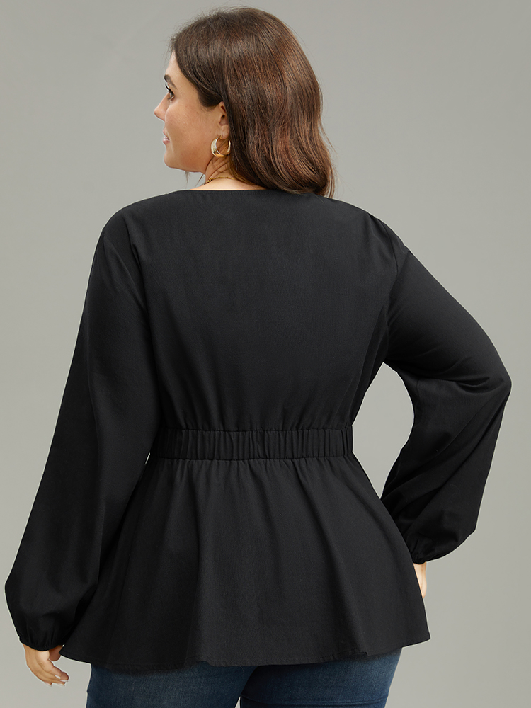 Plus Size Black Cotton Solid Metal Detail Lantern Sleeve Blouse Women Office Long Sleeve Round Neck Work Blouses BloomChic 22-24/3X 