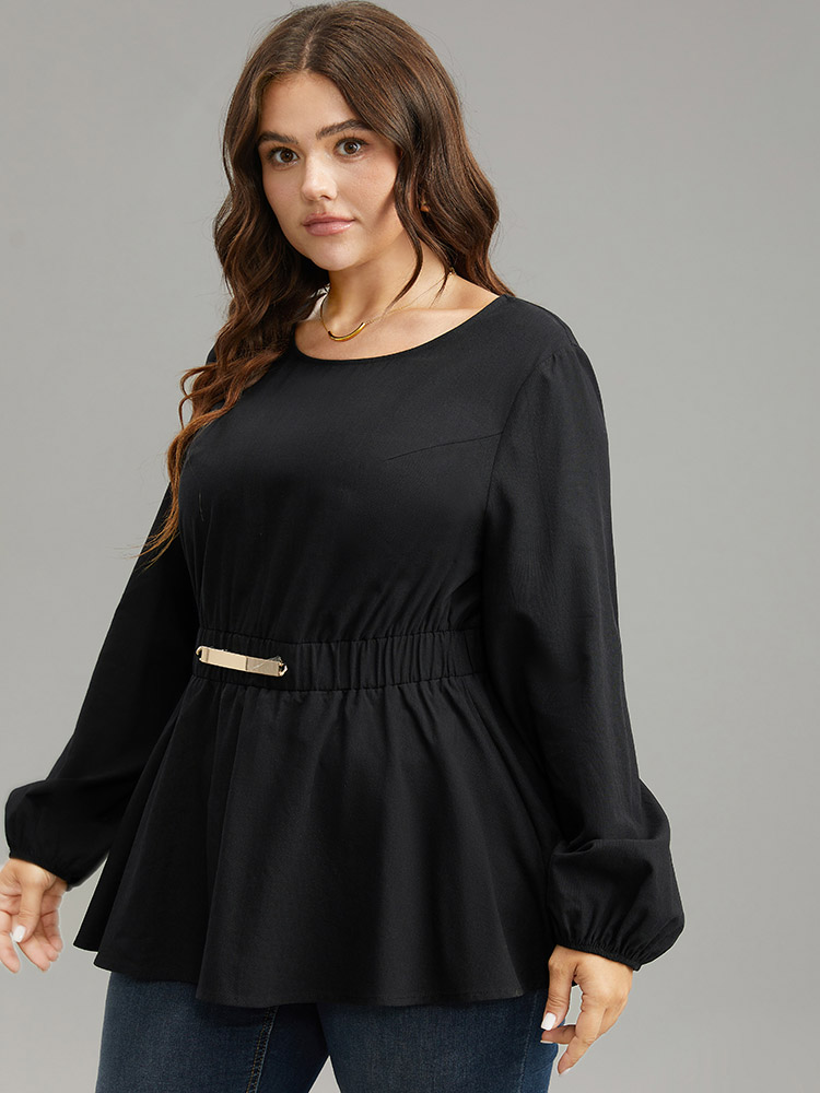 Plus Size Black Cotton Solid Metal Detail Lantern Sleeve Blouse Women Office Long Sleeve Round Neck Work Blouses BloomChic 22-24/3X 