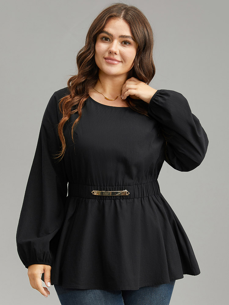 Plus Size Black Cotton Solid Metal Detail Lantern Sleeve Blouse Women Office Long Sleeve Round Neck Work Blouses BloomChic 22-24/3X 