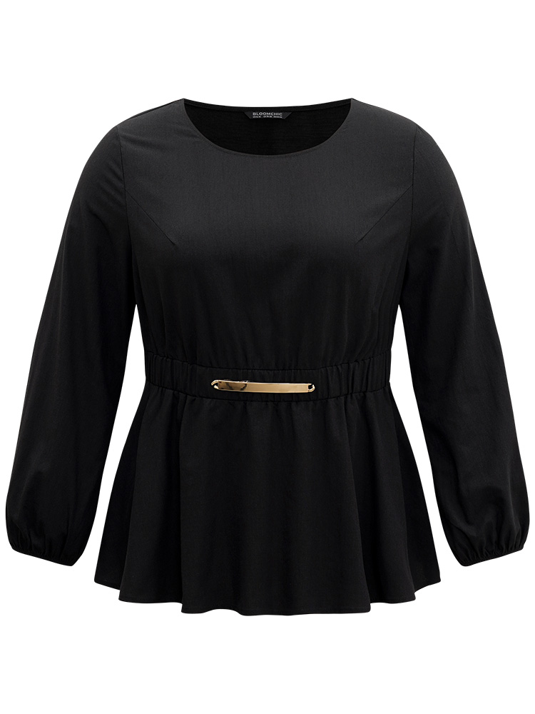 Plus Size Black Cotton Solid Metal Detail Lantern Sleeve Blouse Women Office Long Sleeve Round Neck Work Blouses BloomChic 22-24/3X 
