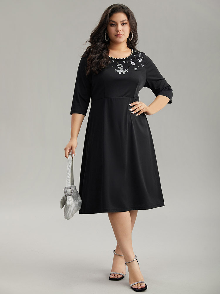 

Plus Size Round Neck Sequin Pearl Beaded Dress Black Women Glamour Beaded Round Neck Elbow-length sleeve Curvy Midi Dress BloomChic