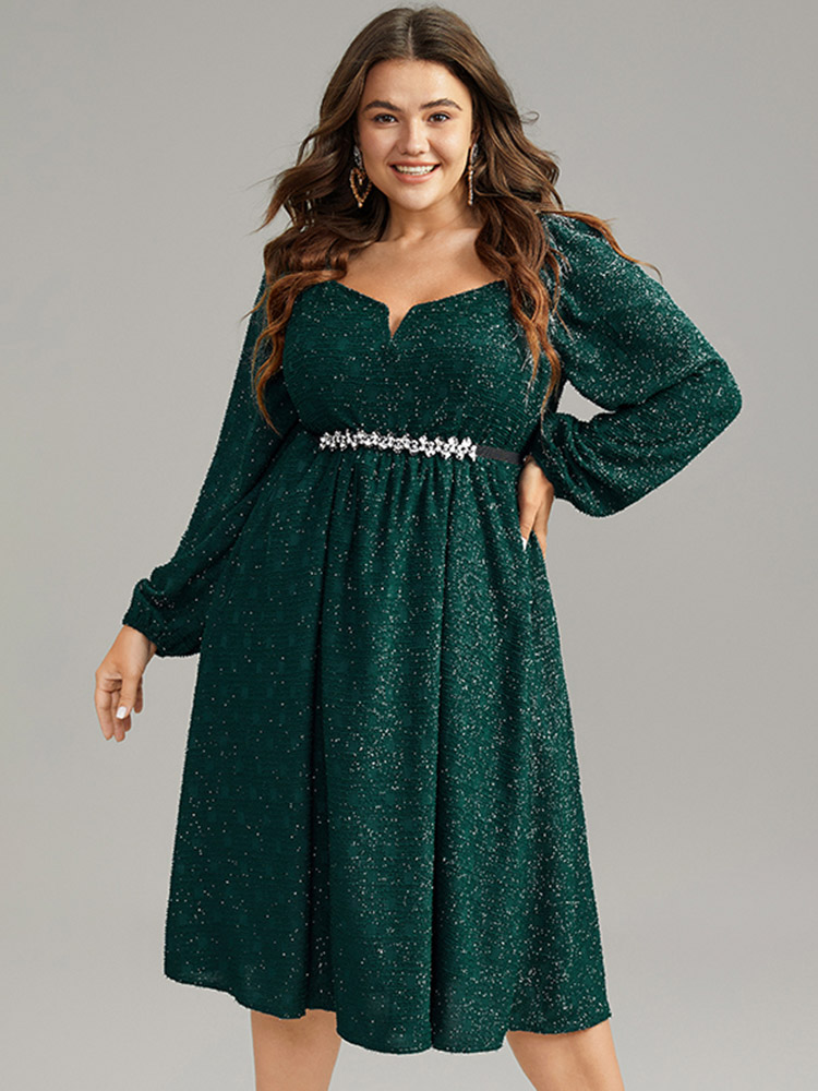 

Plus Size Plain Textured Gathered Square Neck Dress DarkGreen Women Party Elastic cuffs Notched collar Long Sleeve Curvy Midi Dress BloomChic