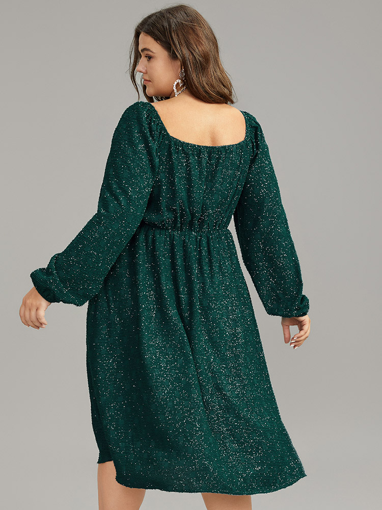 

Plus Size Plain Textured Gathered Square Neck Dress DarkGreen Women Party Elastic cuffs Notched collar Long Sleeve Curvy Midi Dress BloomChic