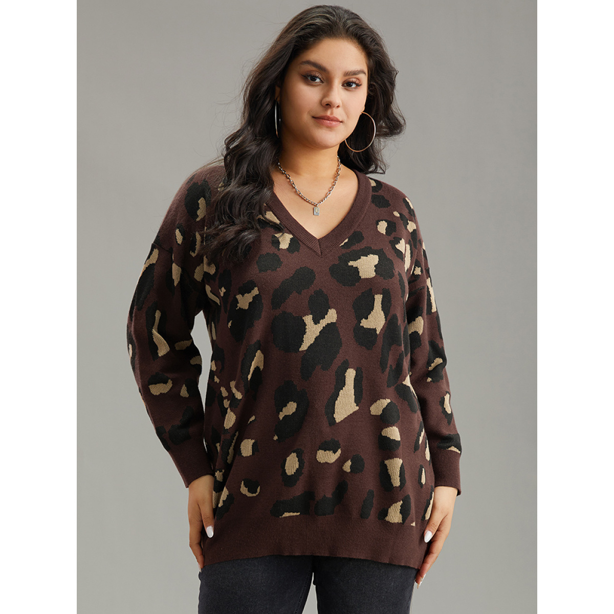 

Plus Size Anti-Pilling Leopard Elastic Cuffs Pullover DarkBrown Women Casual Loose Long Sleeve V-neck Dailywear Pullovers BloomChic