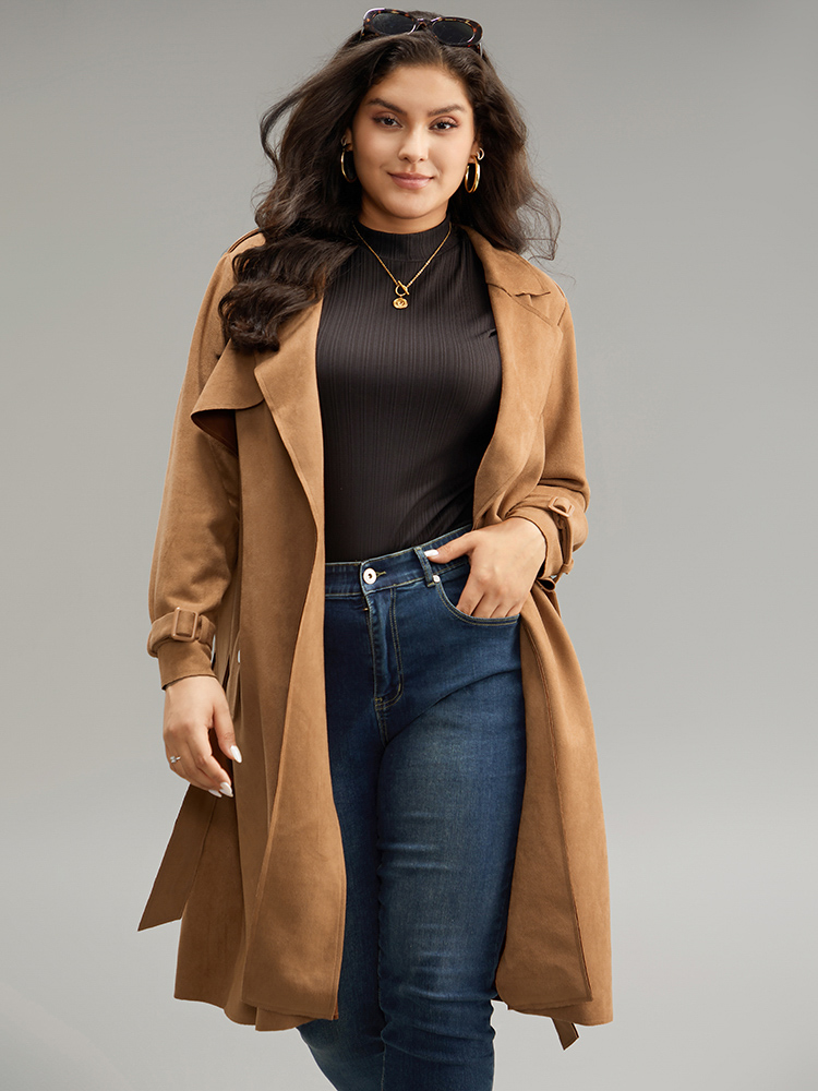 

Plus Size Solid Button Detail Knot Belted Coat Women Chocolate Work From Home Plain Ladies Work Winter Coats BloomChic