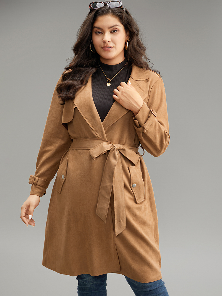 Plus Size Solid Button Detail Knot Belted Coat Women Chocolate Work From Home Plain Ladies Work Winter Coats BloomChic 26/4X 
