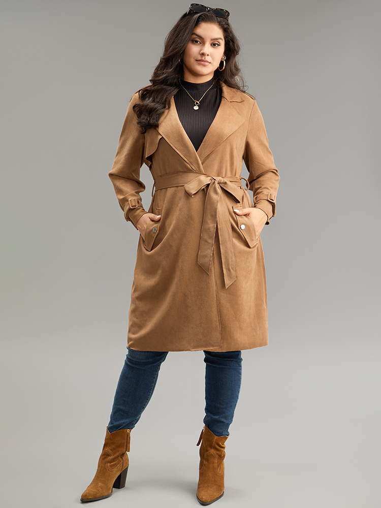 

Plus Size Solid Button Detail Knot Belted Coat Women Chocolate Work From Home Plain Ladies Work Winter Coats BloomChic