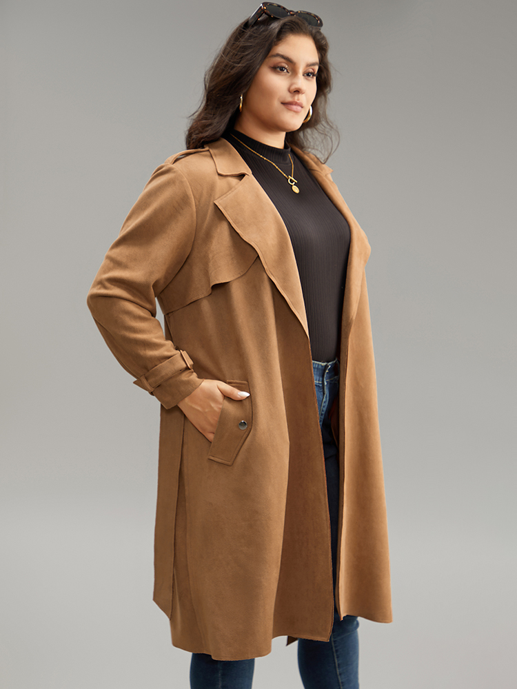 Plus Size Solid Button Detail Knot Belted Coat Women Chocolate Work From Home Plain Ladies Work Winter Coats BloomChic 26/4X 
